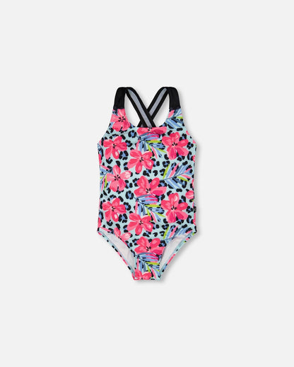 One-Piece Swimsuit Blue Floral And Leopard Print-0