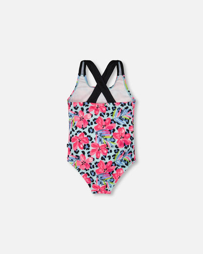 One-Piece Swimsuit Blue Floral And Leopard Print-1