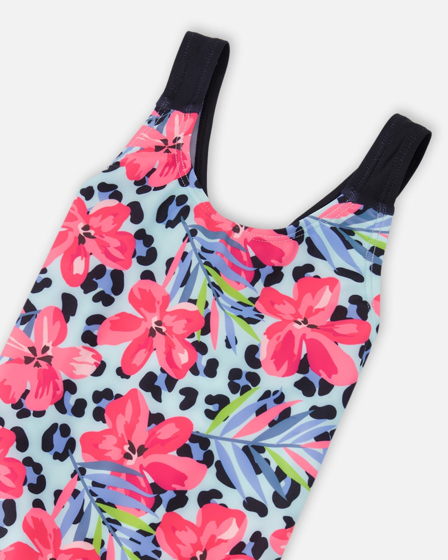 One-Piece Swimsuit Blue Floral And Leopard Print-2