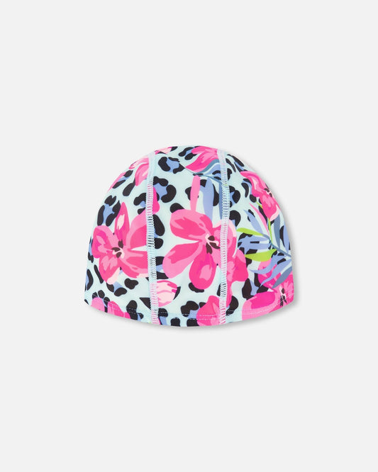 Swim Cap Blue Floral And Leopard Print-0