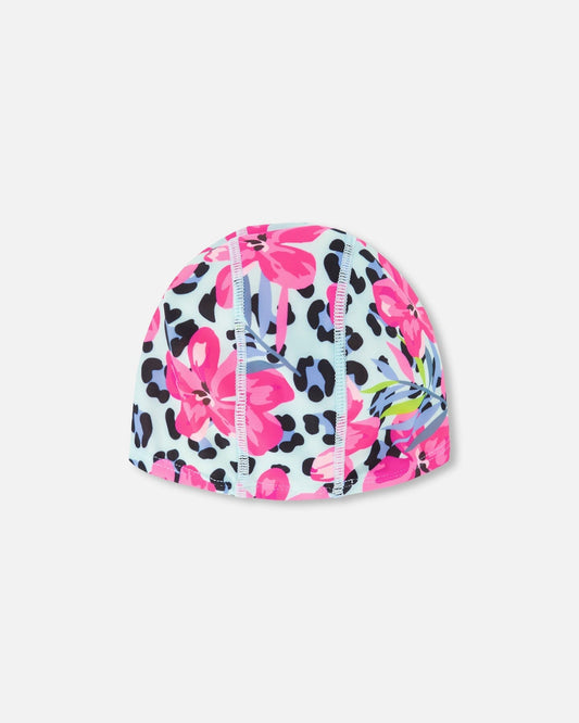 Swim Cap Blue Floral And Leopard Print-1