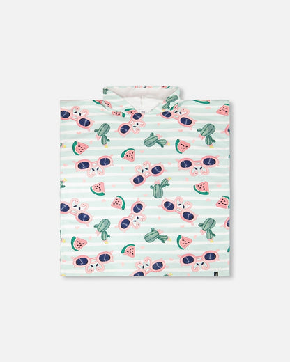 Hooded Beach Towel Blue Flamingo And Cactus Print-0