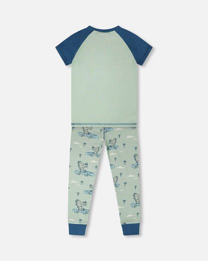 Organic Cotton Two-Piece Pyjama Set Green Crocodile Print-2