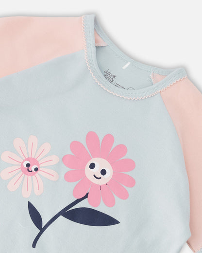 Organic Cotton Two-Piece Pyjama Set Blue Smiling Flower Print-3