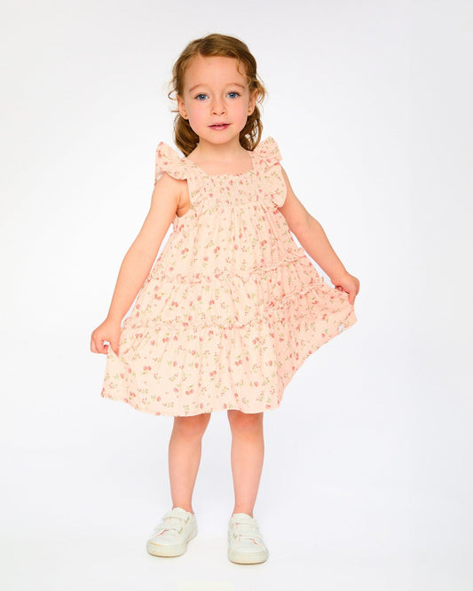 Multi-Tiered Dress With Smocking Pink Printed Flowers-1