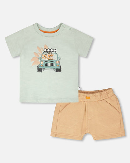 Organic Cotton T-Shirt And Short Set Mint Green And Beige-0