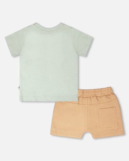 Organic Cotton T-Shirt And Short Set Mint Green And Beige-1