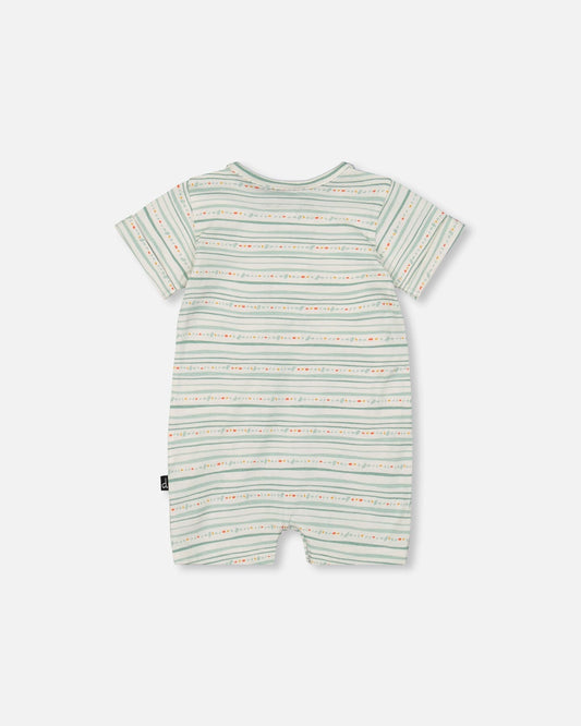 Organic Cotton Romper White Printed Mint Green Lines-1