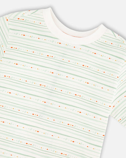 Organic Cotton T-Shirt White Printed Mint Green Lines-3