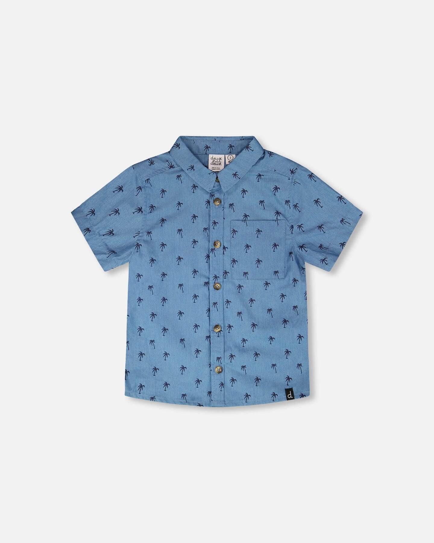 Short Sleeve Chambray Shirt Blue Palm Print-0