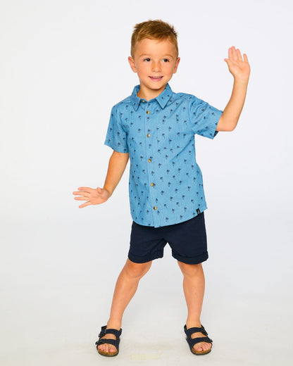 Short Sleeve Chambray Shirt Blue Palm Print-3