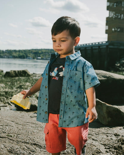Short Sleeve Chambray Shirt Blue Palm Print-1