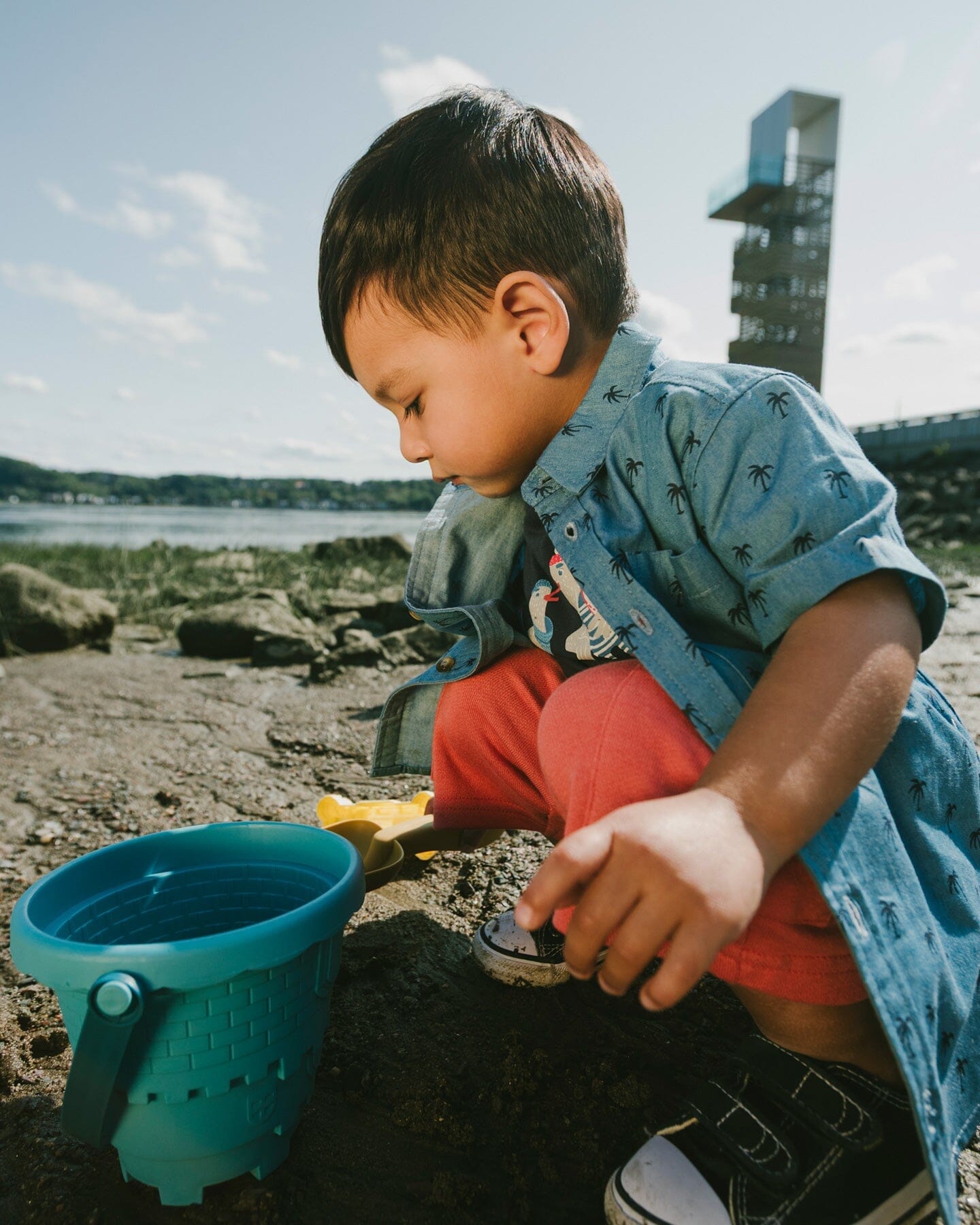 Short Sleeve Chambray Shirt Blue Palm Print-2