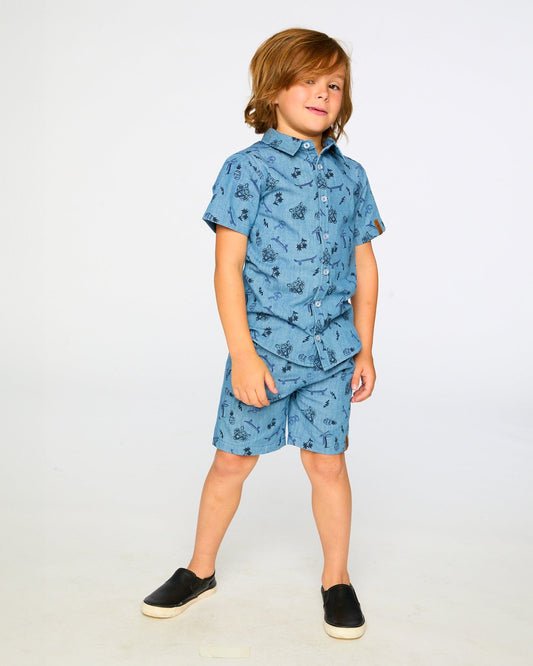 Chambray Shorts Blue Printed Skateboards-1