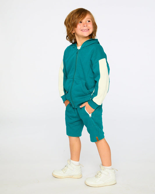 Hooded French Terry Cardigan Dark Turquoise-1