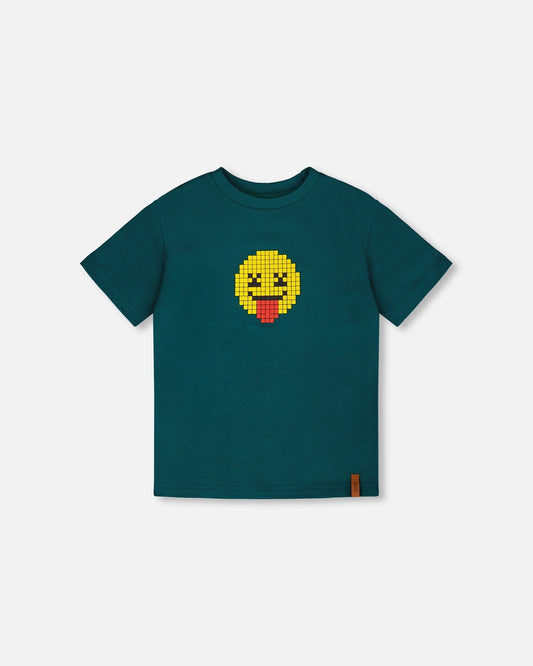 Organic Cotton Jersey T-Shirt With Print Dark Turquoise-0
