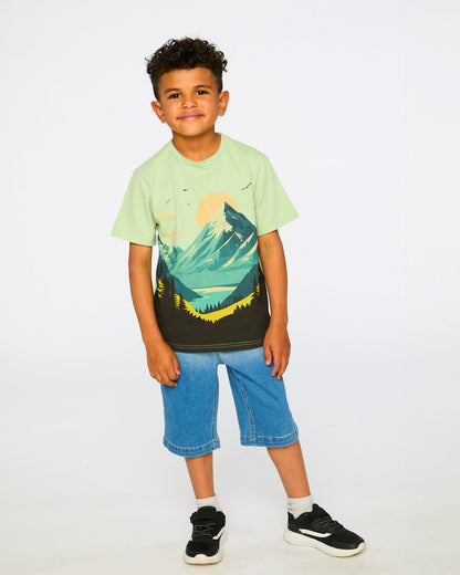 Organic Cotton Jersey T-Shirt With Mountain Print Sage-2