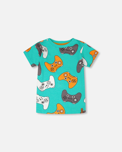 Organic Cotton Jersey T-Shirt Blue Printed Gamepads-0