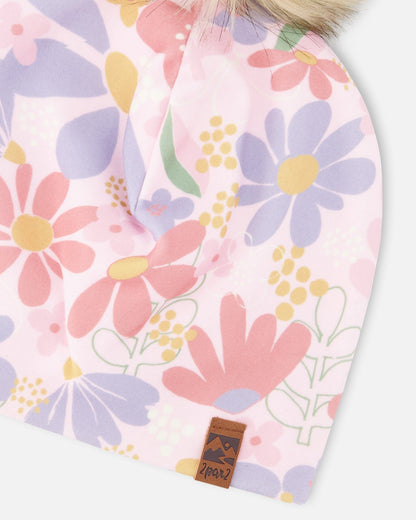 Stretch Jersey Hat Pink Flower Print With Pompom-3