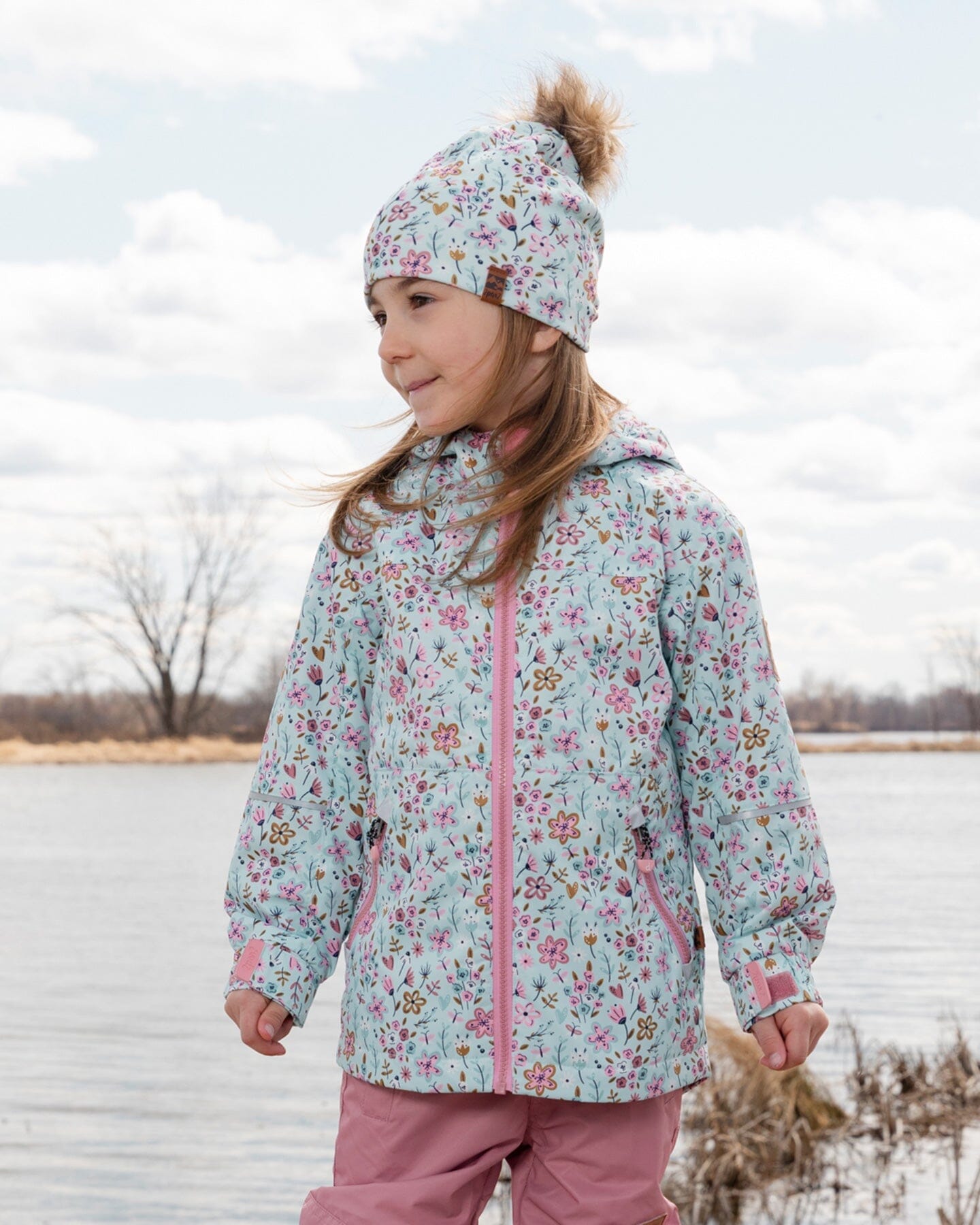 Stretch Jersey Hat Blue Mini Flower Print With Pompom-2