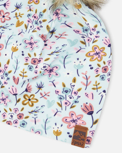 Stretch Jersey Hat Blue Mini Flower Print With Pompom-4