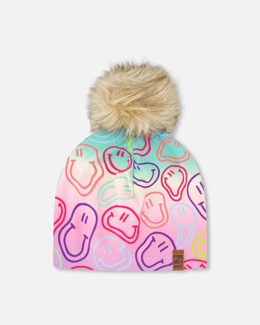 Stretch Jersey Hat Multicolored Printed Smileys With Pompom-0