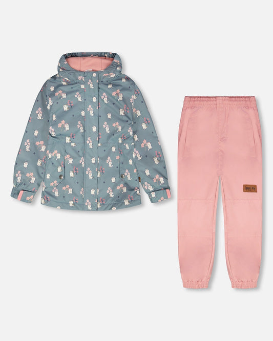 Two-Piece Mid-Season Outerwear Set Green Cat Print-0