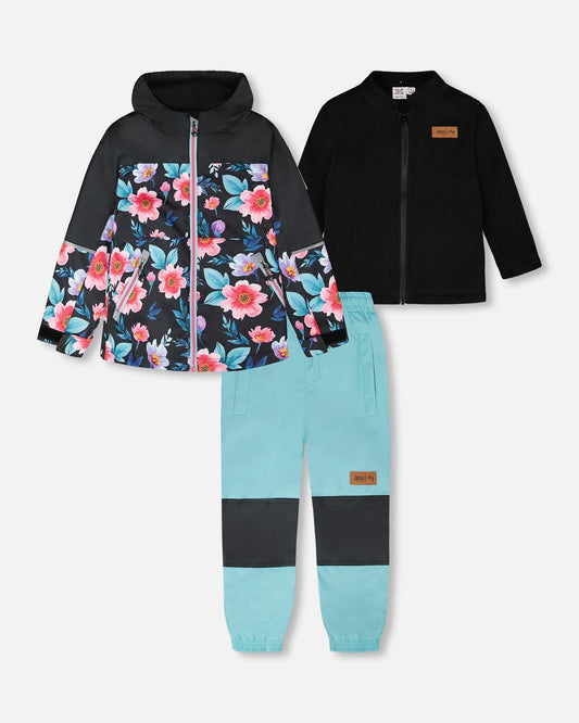3-In-1 Two-Piece Mid-Season Outerwear Set Black Printed Flowers - Black Inner Jacket-0