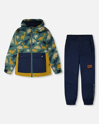 Two-Piece Mid-Season Outerwear Set Green Dinosaur Print-0