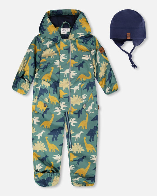 Baby Mid-Season One-Piece Outerwear With Hat Green Dinosaur Print-0
