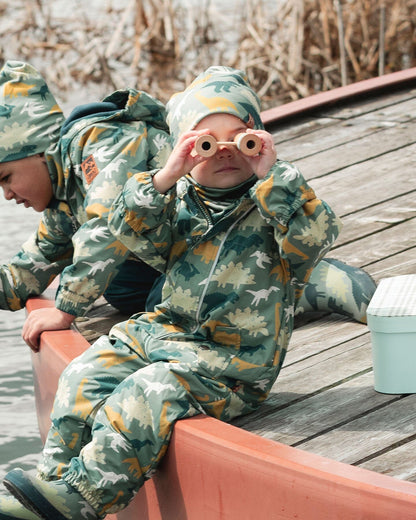 Baby Mid-Season One-Piece Outerwear With Hat Green Dinosaur Print-1