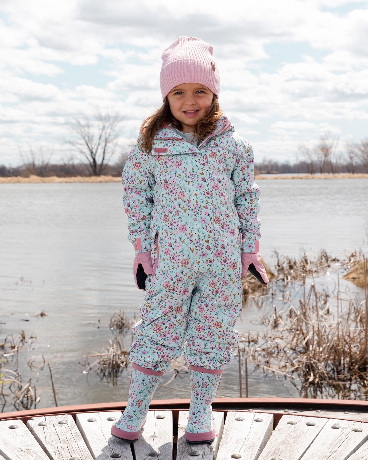 Kids Mid-Season One-Piece Outerwear Blue Mini Flower Print-1
