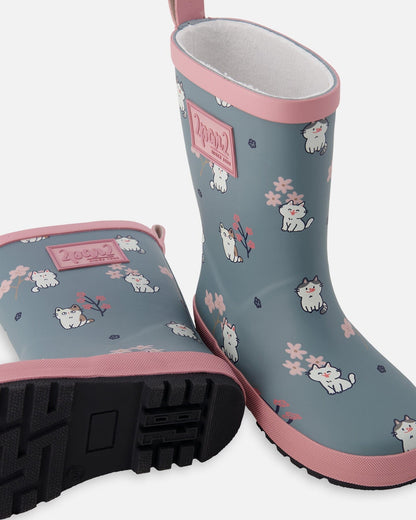 Rain Boots In Natural Rubber Green Cat Print-2