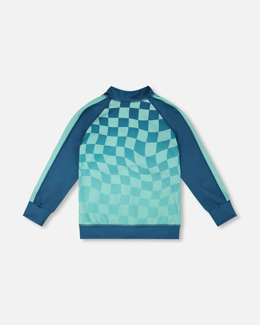 Full Zip Athletic Cardigan In Recycled Polyester Teal Printed Checkerboard-1