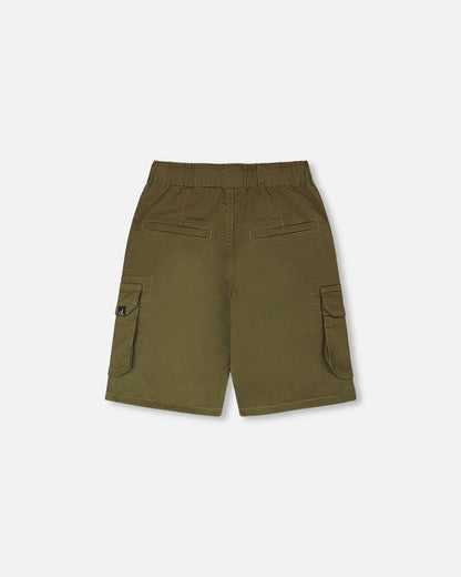 Stretch Twill Bermuda With Cargo Pockets Dark Khaki Green-3