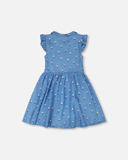 Sleeveless Button Down Dress Blue Flower Print-2