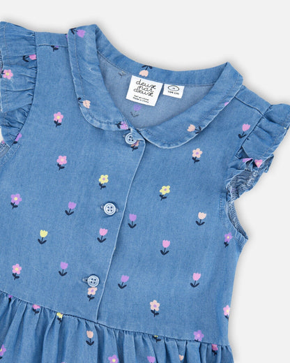 Sleeveless Button Down Dress Blue Flower Print-3