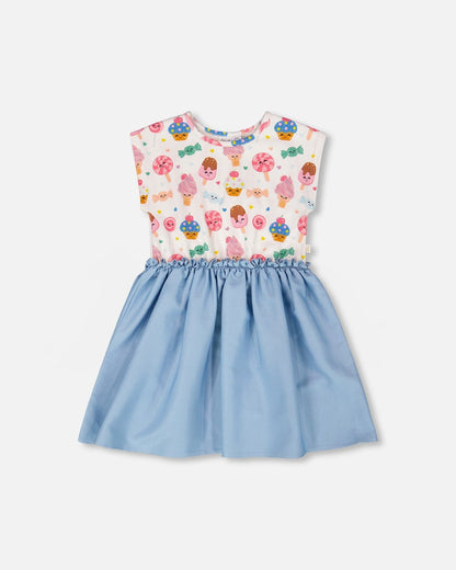 Bi-Material Dress White Candy Print-0