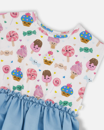 Bi-Material Dress White Candy Print-3