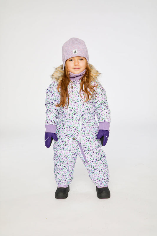 Baby Original One Piece Puffy Snowsuit With Removable Mittens And Boots Purple Printed Mini Flowers-1