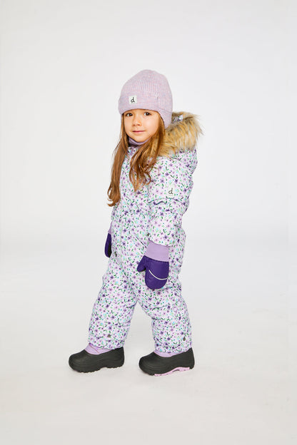 Baby Original One Piece Puffy Snowsuit With Removable Mittens And Boots Purple Printed Mini Flowers-2