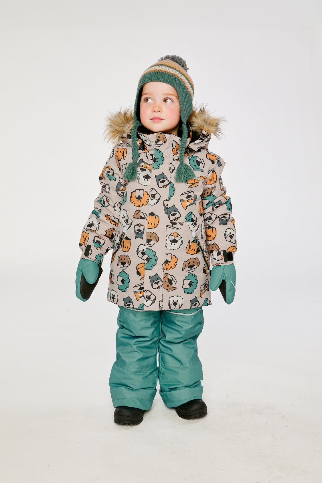 Two Piece Discover Snowsuit Beige Printed With Dogs-3