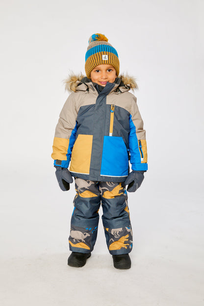 Two Piece Play Snowsuit Colorblock With Grey And Blue Dinosaur Print Pants-1