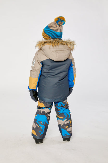 Two Piece Play Snowsuit Colorblock With Grey And Blue Dinosaur Print Pants-3