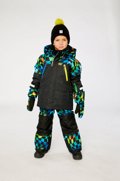 Two Piece Play Snowsuit Black Colorblock With Green Yellow And Blue Checkerboard Pants-3