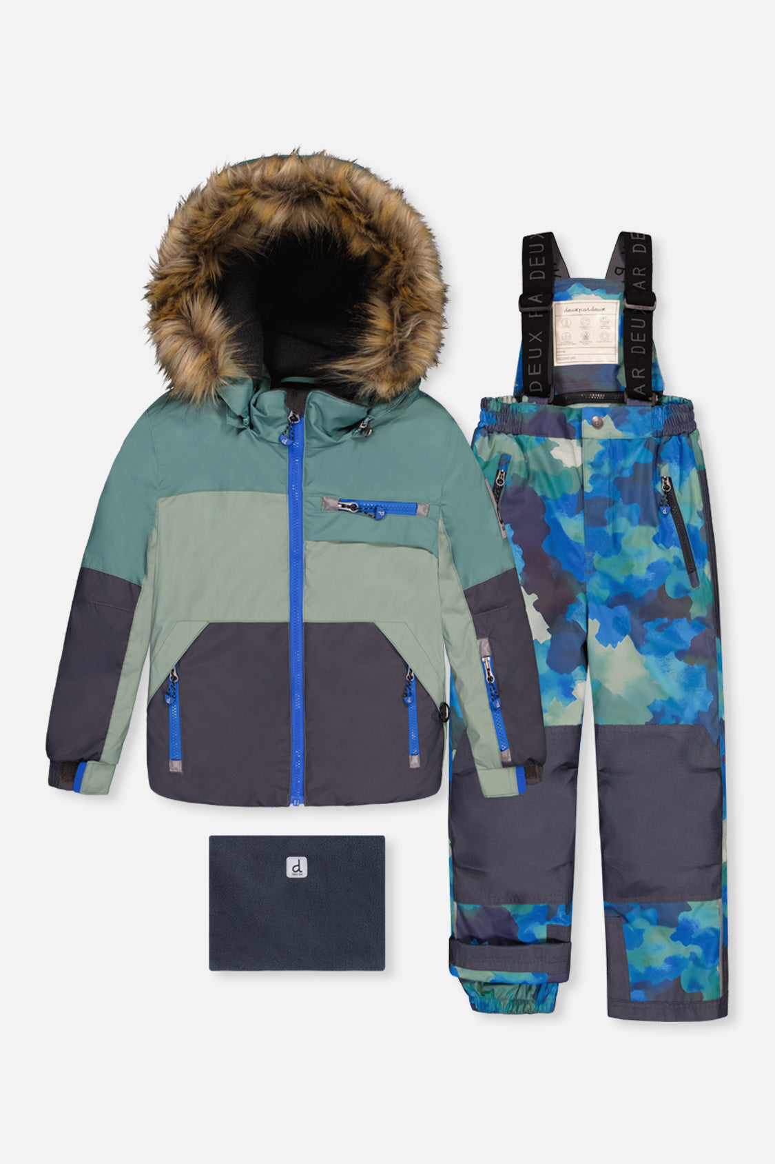 Two Piece Play Snowsuit Green And Navy Colorblock With Blue Camouflage Pants-0