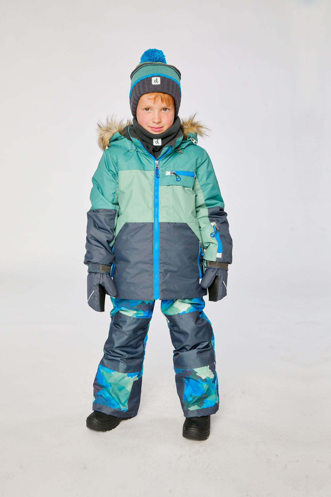 Two Piece Play Snowsuit Green And Navy Colorblock With Blue Camouflage Pants-3