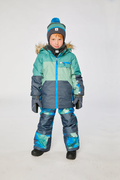 Two Piece Play Snowsuit Green And Navy Colorblock With Blue Camouflage Pants-3
