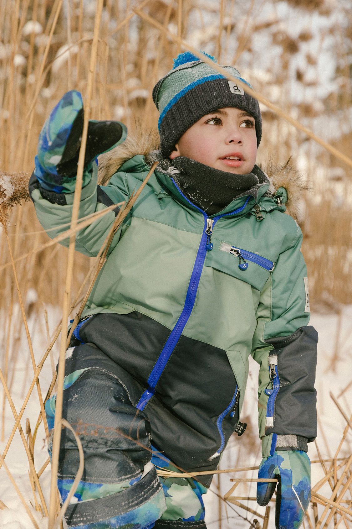 Two Piece Play Snowsuit Green And Navy Colorblock With Blue Camouflage Pants-1