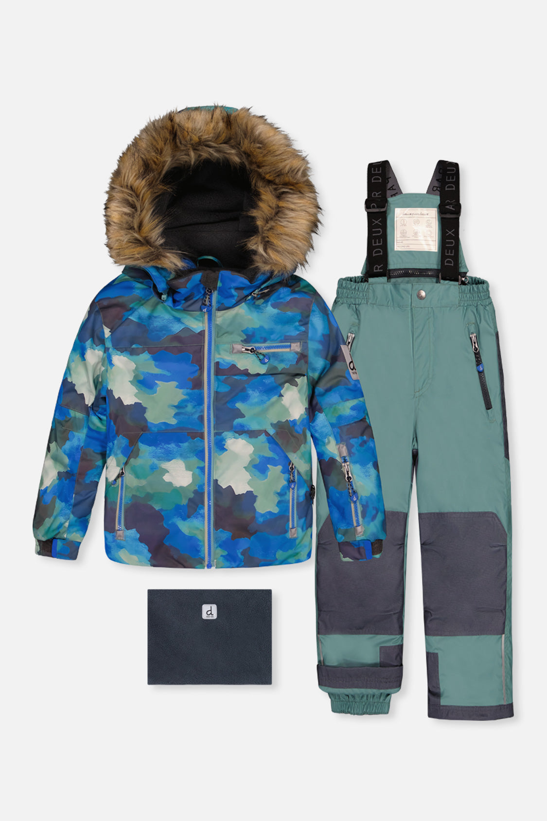 Two Piece Play Snowsuit Blue Camouflage Print With Green Pants-0